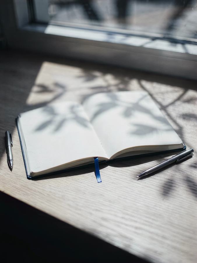 An open notebook of blank pages and two pens on an oak desk in soft window light.