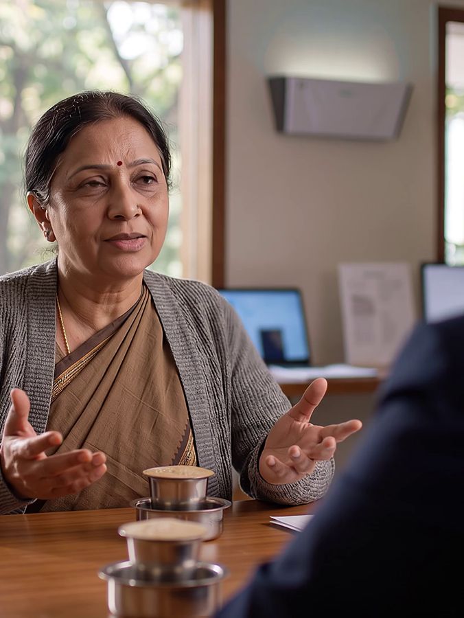 A business owner in a saree explains her problem with open hands over two steel tumblers of filter coffee, while an adviser, seen from behind, listens.