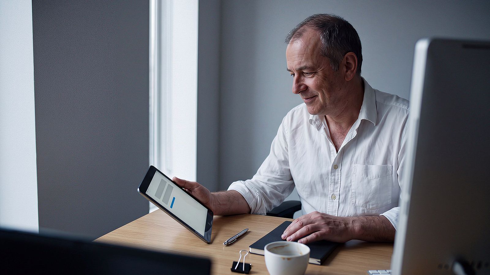 A senior professional at a bright desk sets down a tablet after reading a message and looks up with a confident half-smile.