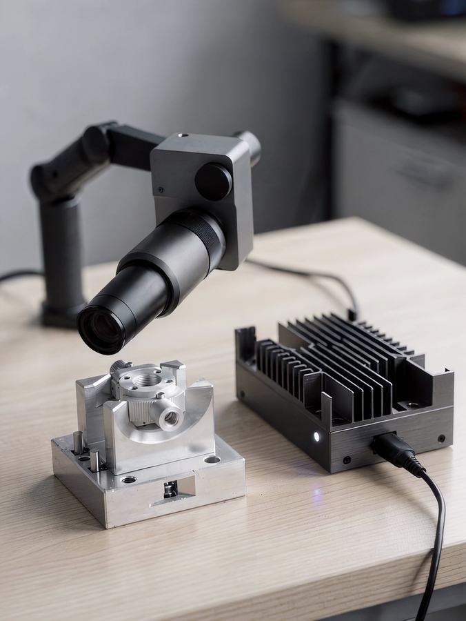 A camera on an articulated arm aimed at a machined part in a fixture, beside a finned compute module with a blue status light.