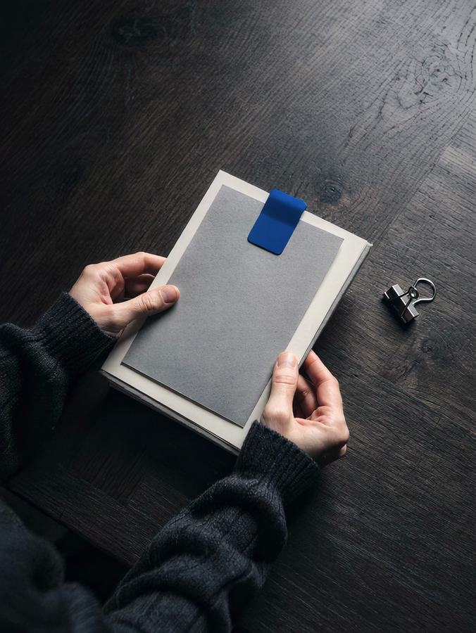 Two hands square a small stack of blank cream and grey paper on a dark oak table, a binder clip set aside.