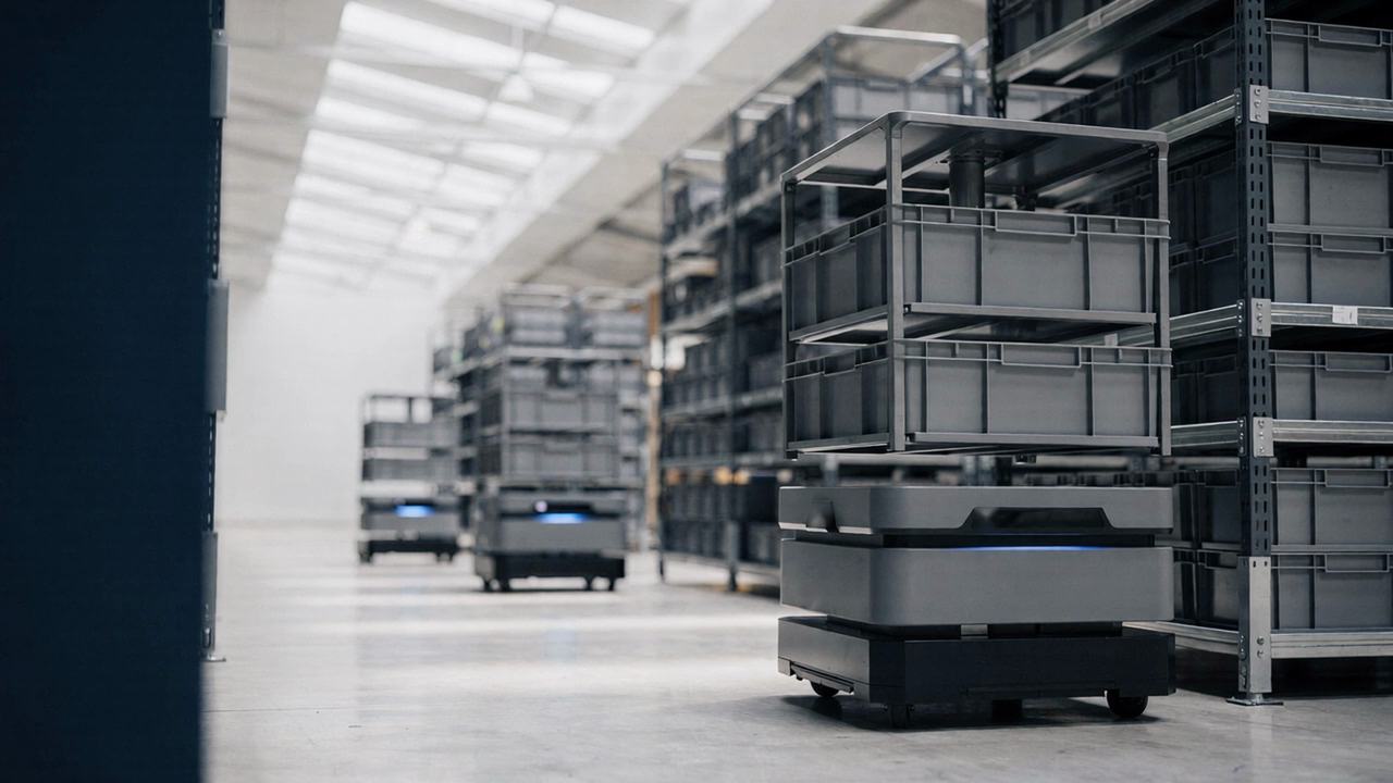 A machining enclosure in the foreground, a parcel at a scanning arch behind it and a mezzanine floor beyond.