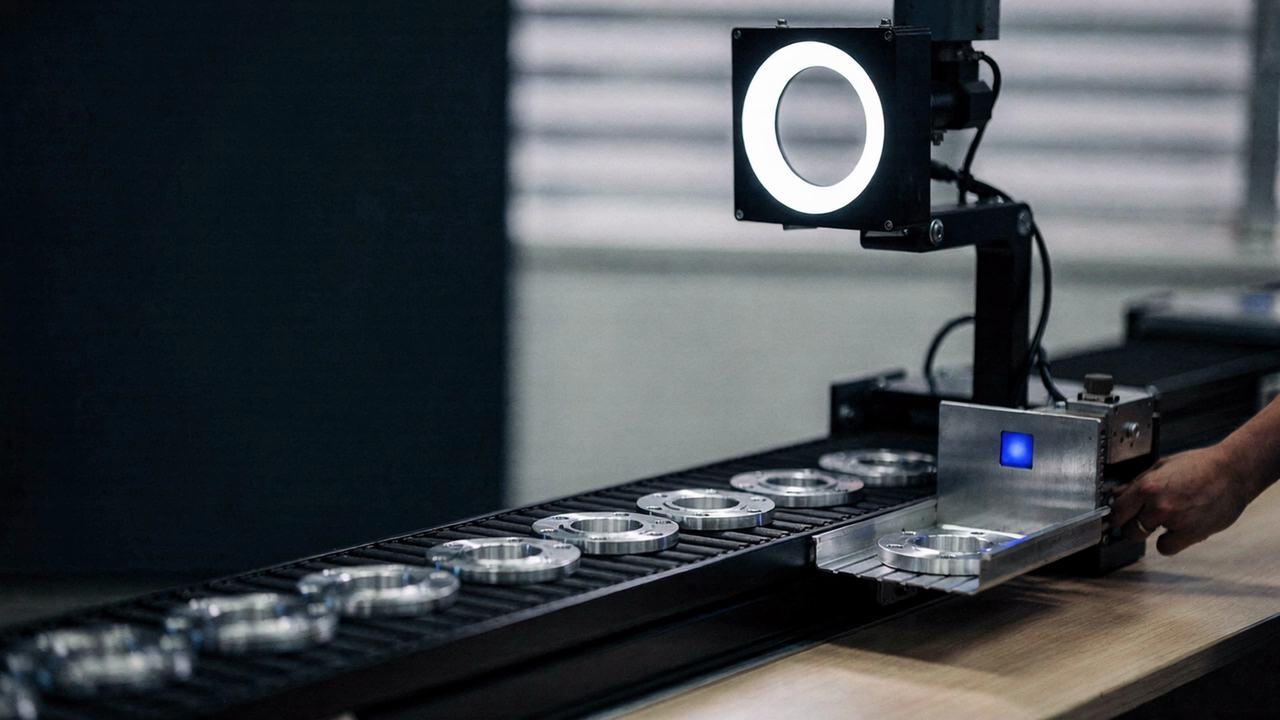 A hand adjusts a downward camera on a test rig above a fixture plate of identical machined flanges.