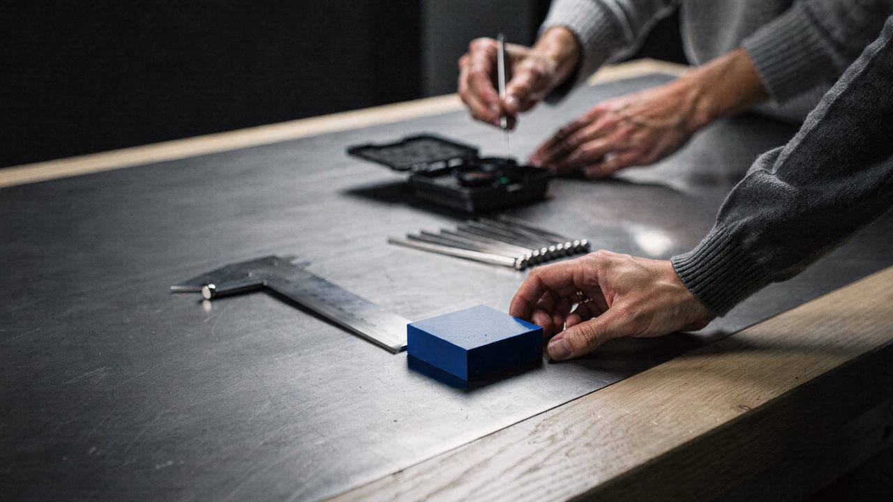 A hand sets a steel square beside a blue block on a long workbench while a second person examines a lens at the far end.