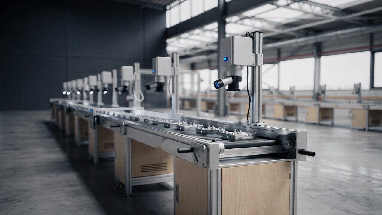 A small test bench with a downward camera over machined parts, a blue floor marker where a walkway line begins and a production line behind.