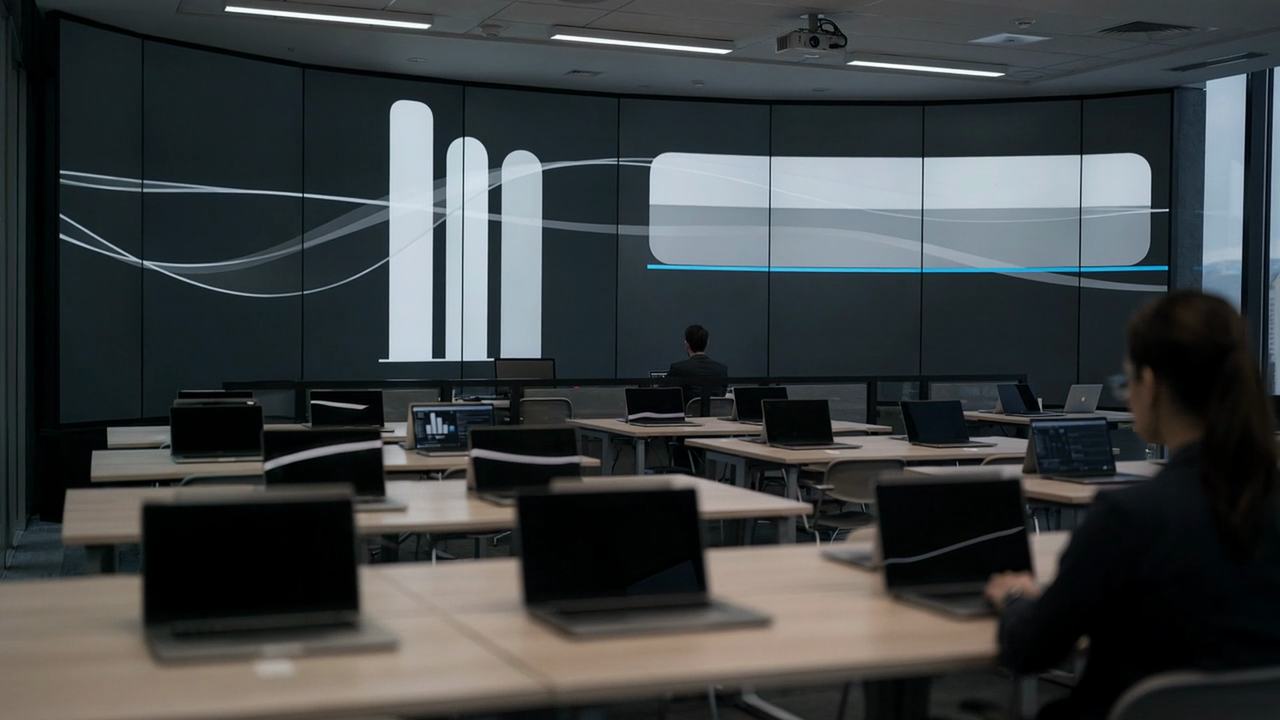 A blank form in a steel desk tray in front of an abstract wall of light capsules queuing at thin gate lines, one of them blue.