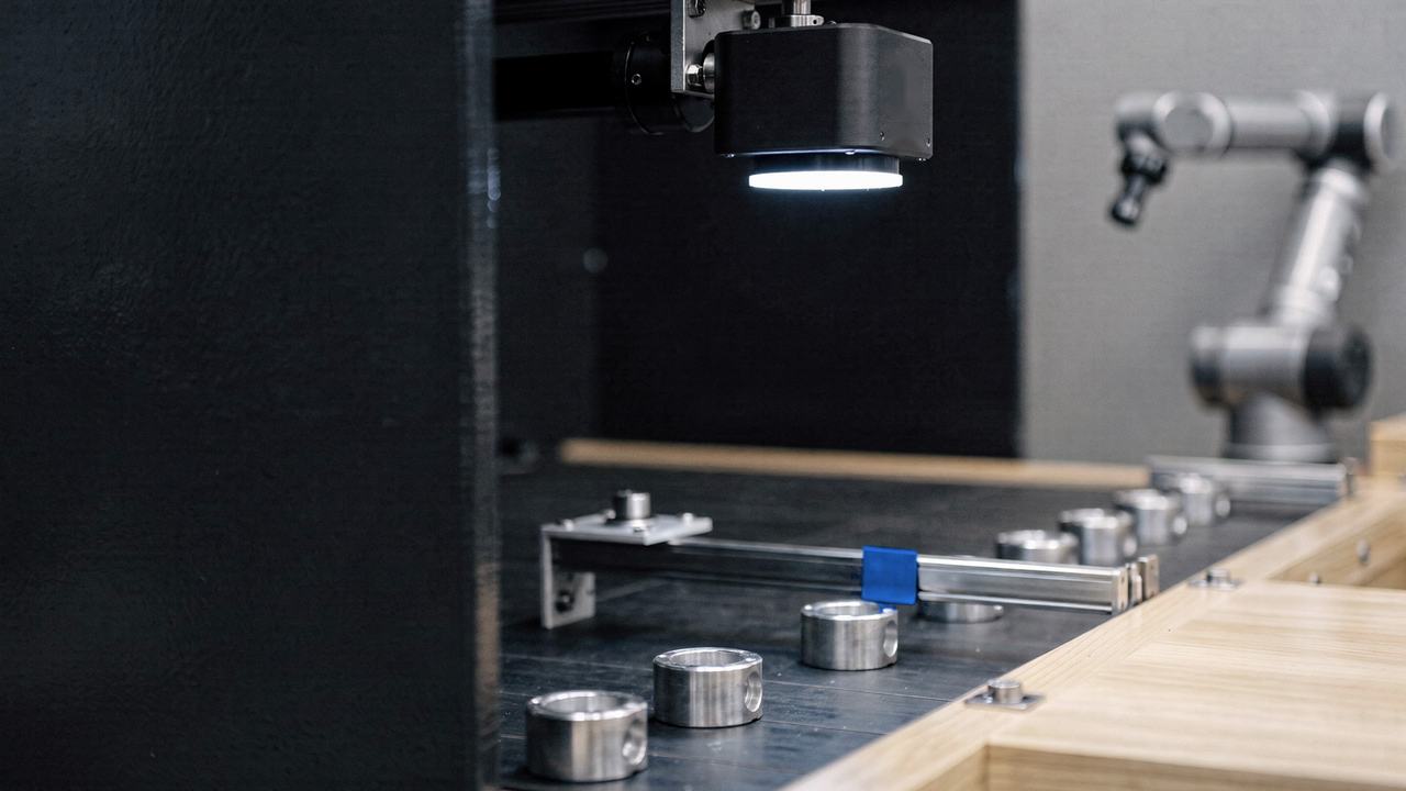 A ring-lit machine-vision camera above evenly spaced machined parts on a conveyor, with a still robot arm in soft focus.