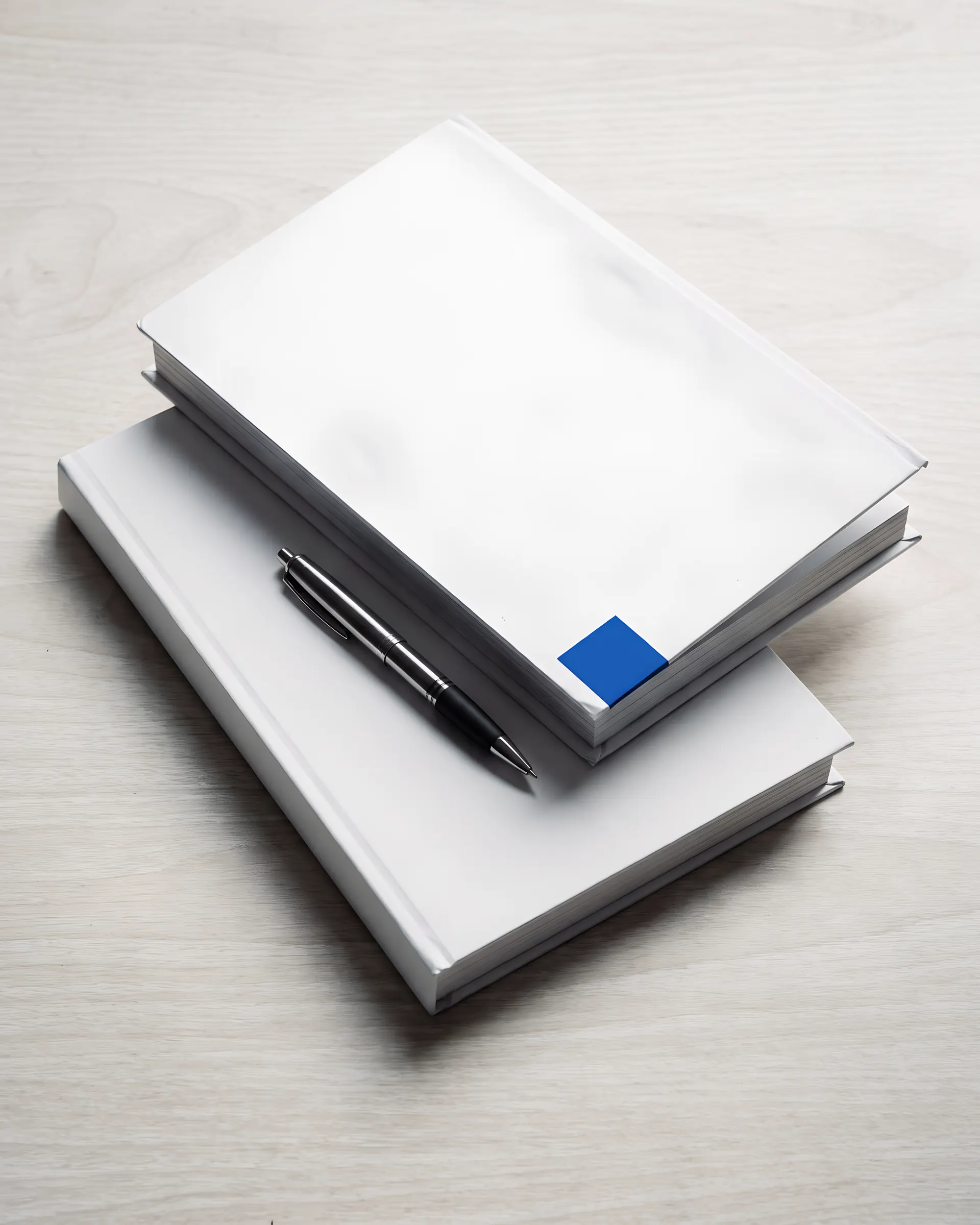 Two blank hardcover documents overlapping on an oak table, a pen across them and a blue tab where they meet.